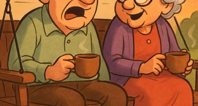 An elderly couple, Bert and Edna, are sitting on the porch swing